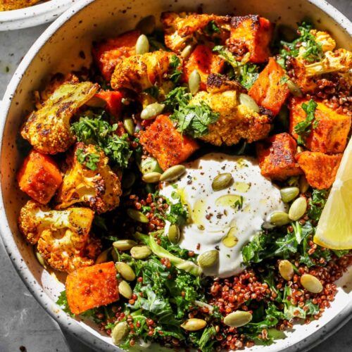 Cauliflower Rice Lunch Bowl with Sweet Potatoes and Chickpeas